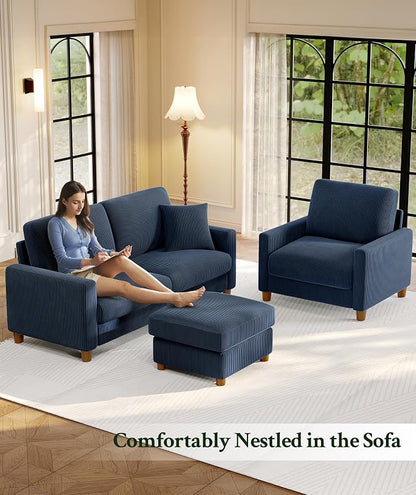 Welzona 70.2" Couches for Living Room, Comfy Sofa Set Tool-Free Setup, Corduroy Couch Set 7.1" Thicker Cushion, Accent Chair with Ottoman 848lbs Support, Sofas for Living Room Home Office, Blue