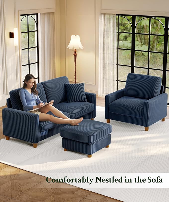 Welzona 25.2" Couches for Living Room, Comfy Blue Ottoman with Storage, Foot Rest Tool-Free Setup, Small Ottoman Foot Rest for Couch, Corduroy Couch for Bedroom, Apartment, Office
