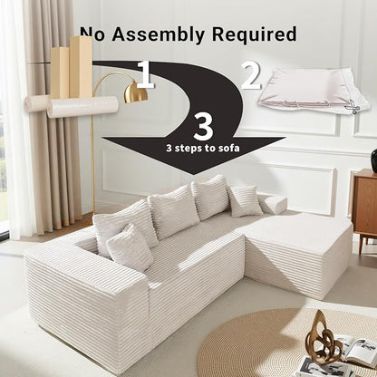 Claiks Boneless Couch, Cloud Couch Sectional, L-Shape Corduroy Modular Sectional Sofa Deep Seat, Upholstered Couches for Living Room, No Assembly Required, Beige, Right Facing Chaise