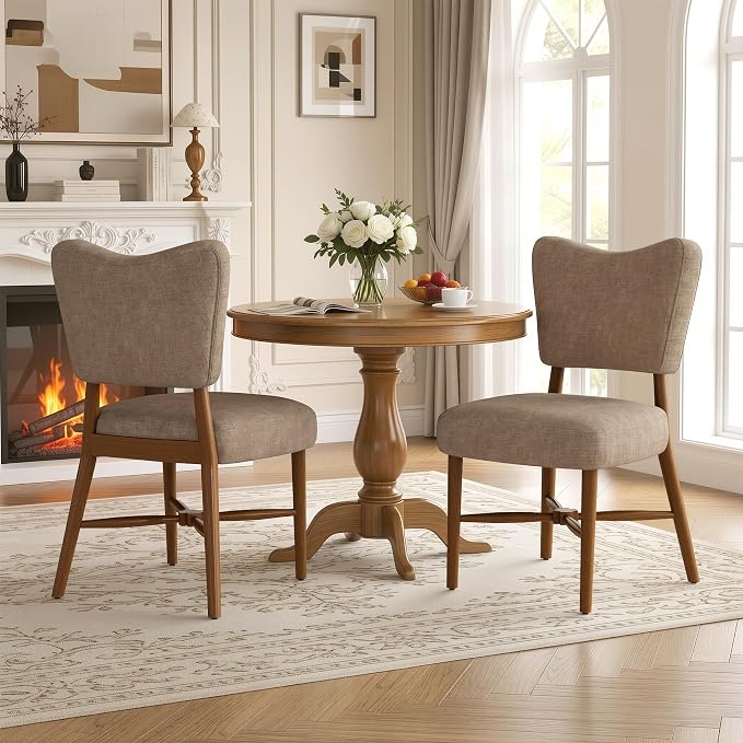 Farmhouse Dining Chairs Set of 2, Linen Seat, Wood Legs, Brown | Mid Century Modern, Upholstered Padded Cushion, Solid Wood Cross-Brace, Easy 15-Min Assembly, Kitchen Dining Room