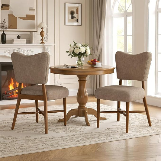 Farmhouse Dining Chairs Set of 2, Linen Seat, Wood Legs, Brown | Mid Century Modern, Upholstered Padded Cushion, Solid Wood Cross-Brace, Easy 15-Min Assembly, Kitchen Dining Room
