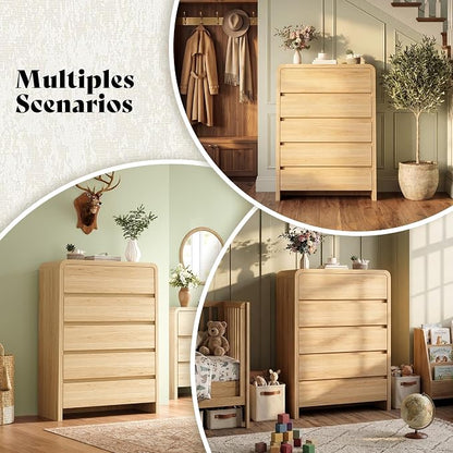 AMERLIFE 5 Drawer Tall Dresser for Bedroom, 48" Modern Storage Cabinet with Anti-Tip Kit, Rounded Corners & Easy Assembly, White Wood Chest for Closet, Apartment, Light Oak