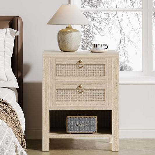 Rattan Night Stand with Drawers - Boho Nightstand with Charging Station, Bedside Table with Storage Shelf, Accent Side Table End Tables Living Room, Wood Nightstands for Bedroom, White Oak