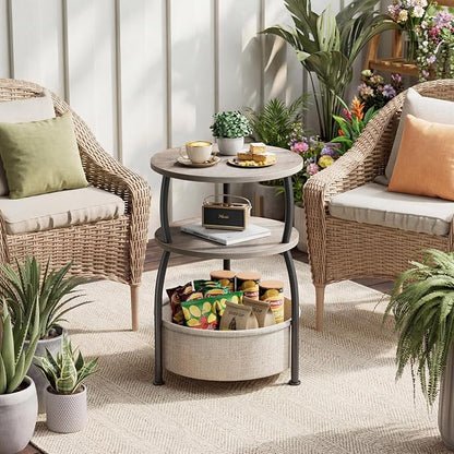 Round Side Table with Storage Basket, End Table Living Room, Greige | Round End Table, Small Bedside Table for Bedroom, 3 Tiers, Sofa Couch Side Table, Linen Storage, Greige 15.75in