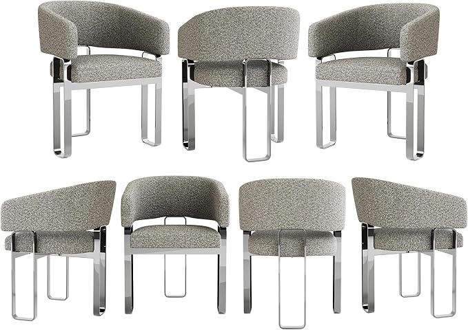 Modern Dining Chairs, Boucle Dining Room Chairs, Grey Barrel Armchair with Curved Backrest and Polished Silver U-Shaped Legs, Set of 7