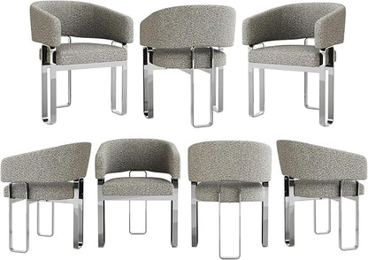 Modern Dining Chairs, Boucle Dining Room Chairs, Grey Barrel Armchair with Curved Backrest and Polished Silver U-Shaped Legs, Set of 7