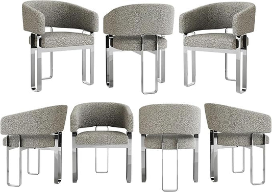Modern Dining Chairs, Boucle Dining Room Chairs, Grey Barrel Armchair with Curved Backrest and Polished Silver U-Shaped Legs, Set of 7