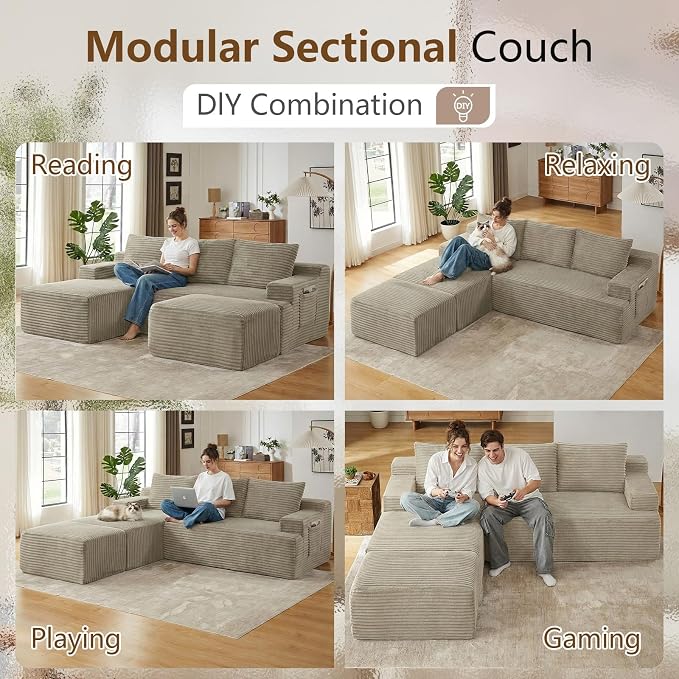 96" Cloud Sectional Couch U-Shaped Chaise with Ottoman, Corduroy Boneless Couch for Living Room Bedroom, Deep-Seat Upholstered Modular Cloud Sofa, No Assembly Required (Camel, Left Facing Chaise)