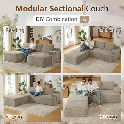 96" Cloud Sectional Couch U-Shaped Chaise with Ottoman, Corduroy Boneless Couch for Living Room Bedroom, Deep-Seat Upholstered Modular Cloud Sofa, No Assembly Required (Camel, Left Facing Chaise)