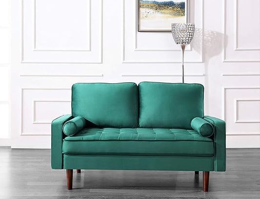 Container Furniture Direct Womble Mid Century Modern Velvet Upholstered Tufted Seat with Bolster Pillows, Loveseat, Sofa, Green
