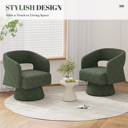 Luxanimarion Swivel Barrel Accent Chair,Oversized Chenille Upholstered Round Swivel Chair,Modern Luxury 360 Degree Living Room Vanity Chair for Bedroom Office,Green,2PCS