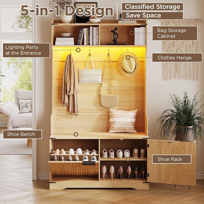 Maupvit Farmhouse Hall Tree with Bench and Shoe Storage, 4 Coat Rack with Shoe Storage Cabinet, 5-in-1 Entryway Organizer with Led Lights, Adjustable Shelves & Flip Drawers, Mudroom Seat Stool, Oak
