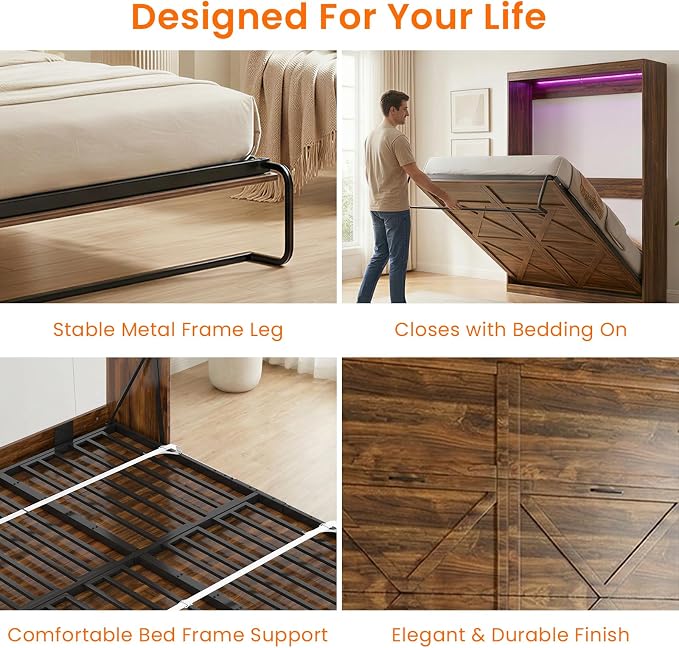 CECER Full Vertical Murphy Wall Bed，Space Saving for Offices/Guest-Brown | Durable Gas-Lift for smooth folding，16 Color Controllable LED Lights，Sturdy frame ＆ Easy Assemble