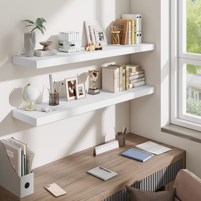Fun Memories 48 Inch Floating Shelves for Wall - 10 Inch Deep Fireplace Mantel Shelf - Wood Floating Shelf for Wall - Large Storage Shelves Wall-Mount for Living Room & Bedroom - White - Set of 2