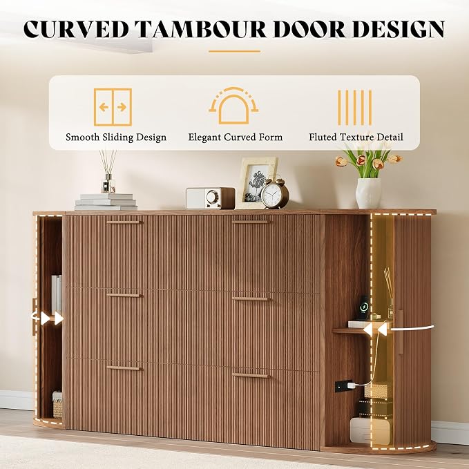 AMERLIFE Queen Murphy Bed with Storage Bedside Shelves & Sliding Tambour Door, Modern Cabinet Bed with Charging Station & Curved Fluted Design for Bedroom/Guest/Home Office, Brown