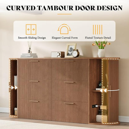 AMERLIFE Queen Murphy Bed with Storage Bedside Shelves & Sliding Tambour Door, Modern Cabinet Bed with Charging Station & Curved Fluted Design for Bedroom/Guest/Home Office, Brown