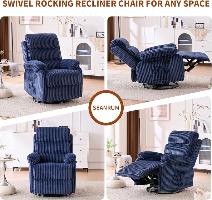 Premium Velvet 360° Swivel Recliner - High Back Gliding Rocking Chair Nursery Recliner Chair, Plush Footrest, Supportive Armrests & Side Pocket, Great for Nursery & Living Room, Blue