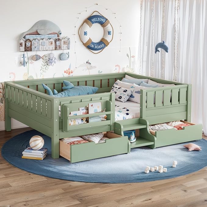Bellemave Full Size Montessori Bed with Stairs, Rails and Slats, Full Size Montessori Floor Bed with Bookshelf and 2 Storage Drawers, Easy Assemble Beds Frame for Girls, Boys, Avocado Green