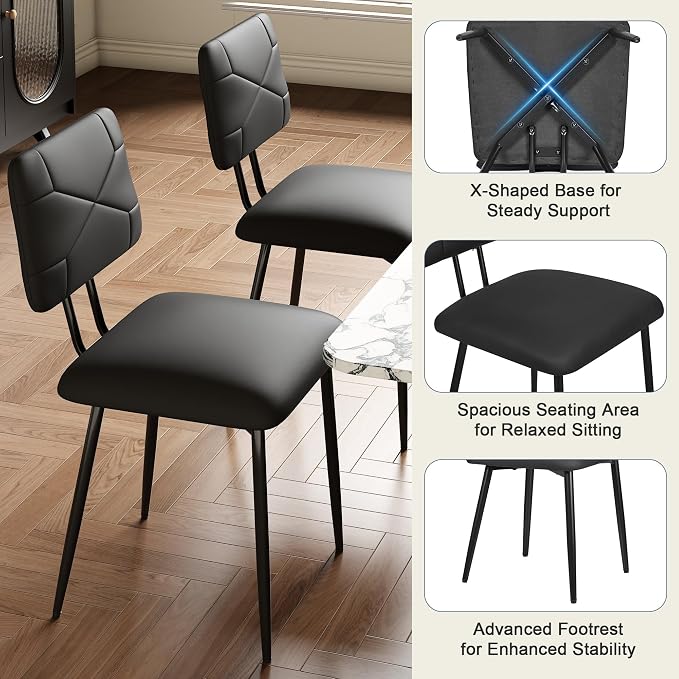 VECELO Dining Chairs Set of 4, Modern Upholstered Kitchen Chairs with Faux Leather Cushion Seat & Metal Legs for Kitchen, Living Room, Tufted Backrest Design, Black