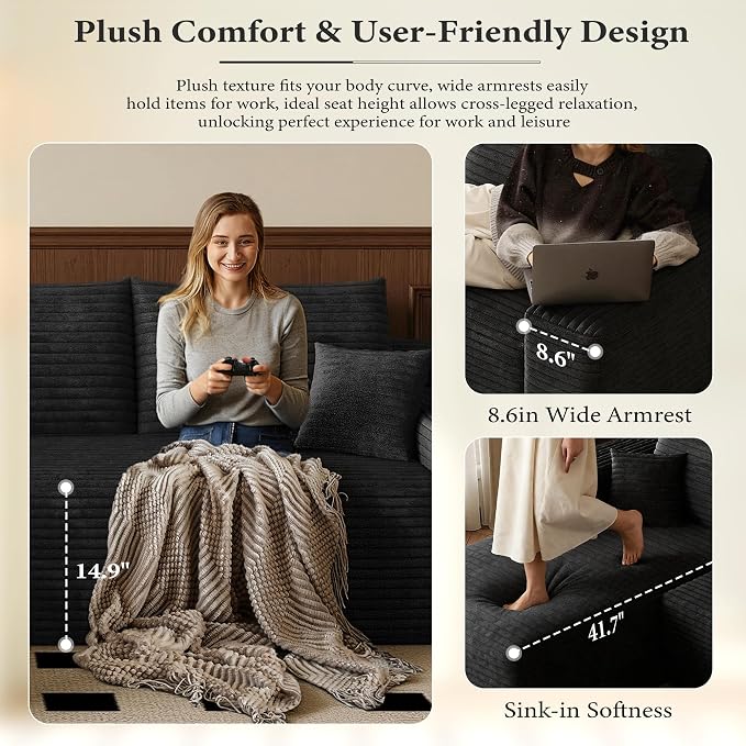 AUGOP 96" Sectional Couches for Living Room Modern Modular Sofa with L-Shape Couchs Upholstered Boneless Couch Deep Seat Sectional Couch with Chaise (Black, 96" Left Facing Chaise+2Seaters)