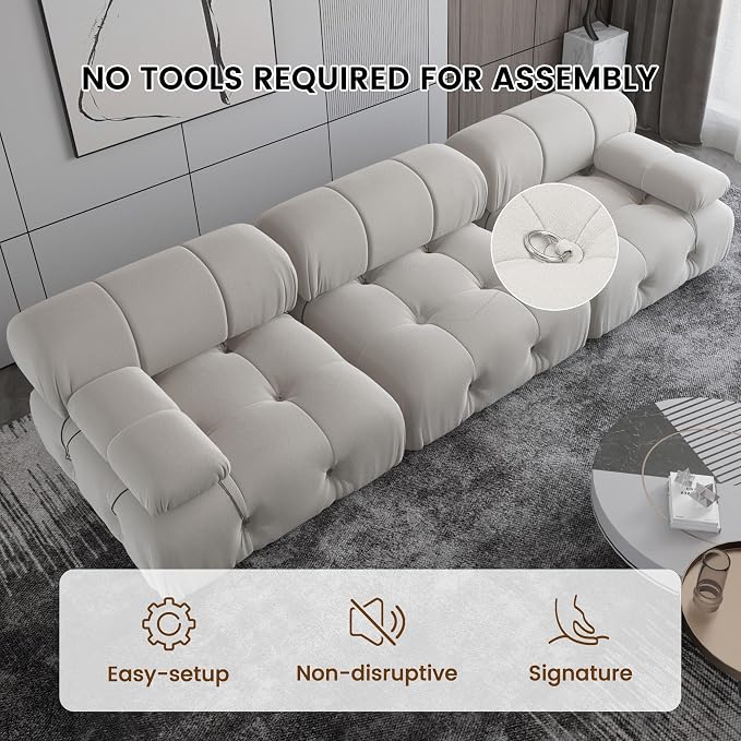 Convertible Modular Sectional Sofa, Modern Velvet Sofa 3-Seater Couch for Living Room, Apartment (104 in/Beige)