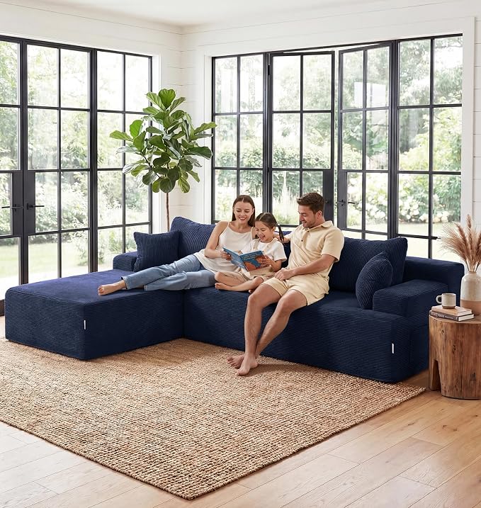 Hobestluk Modular Sectional Sofa Couches L-Shape Couch 3 Seat Modular Sofa Memory Foam Sectional Couches for Living Room, Cloud Couch with Oversized Chaise (Blue Corduroy, 108", Left Hand Facing)