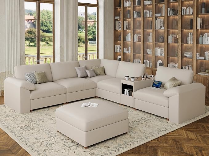 EASE MOOSE Oversized Corner Modular Sectional Sofa with Ottoman and Console, Faux Leather Sectional Sofa with Deep Seat, Scratch Resistant Faux Leather Material, Extra Large L Shaped Couch, Beige