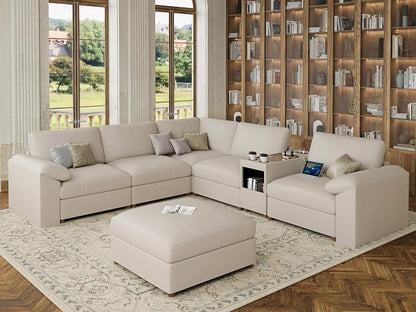 EASE MOOSE Oversized Corner Modular Sectional Sofa with Ottoman and Console, Faux Leather Sectional Sofa with Deep Seat, Scratch Resistant Faux Leather Material, Extra Large L Shaped Couch, Beige