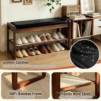 Shoe Rack Bench 2 Tier 27.6'' Bamboo Entryway Bench with Cushion and Hidden Storage Hold up to 300 lb Shoe Organizer for Hallway, Closet, Front Door Entrance, Foyer , Living Room, Bedroom (Black)