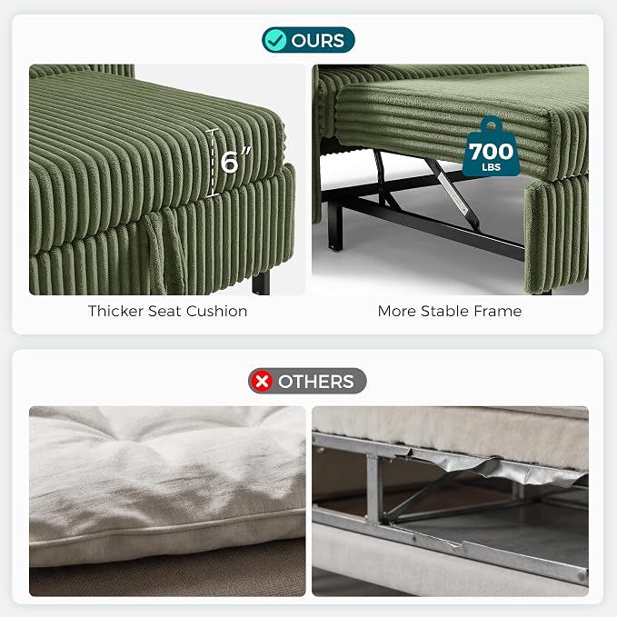 LINSY HOME 3-in-1 Pull Out Sofa Bed, 58" Convertible Sleeper Sofa for Living Room, 360° Swivel Table, Storage Armrests, Charging Station, Cup Holders, 2 Pillows, Corduroy Loveseat Futon Couch, Green