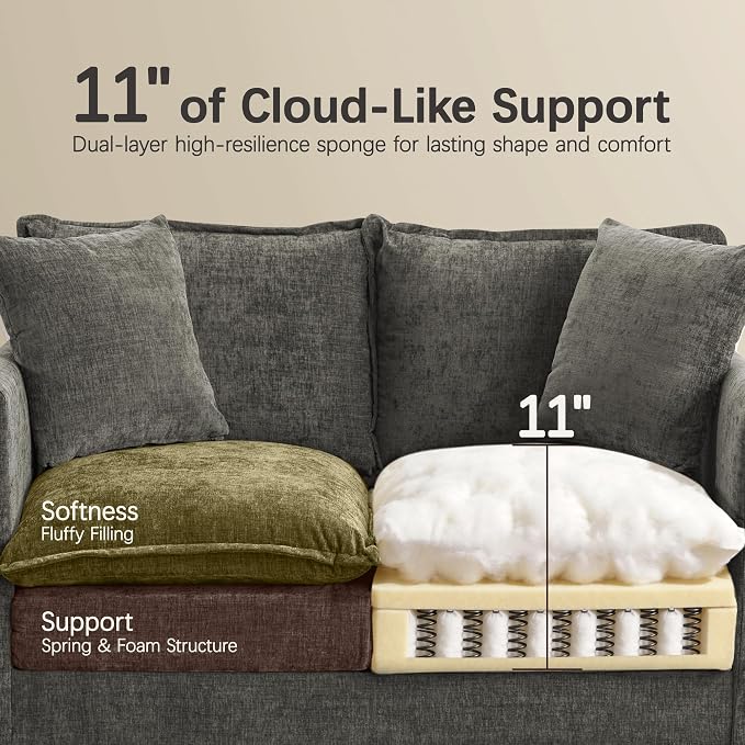 52" Loveseat Sofa, L-Shaped Cloud Couch with Ottoman, Comfy Chenille Love Seat with 2 Pillows, Small Loveseat for Small Spaces, Living Room, Bedroom,Apartment and Office, Grey