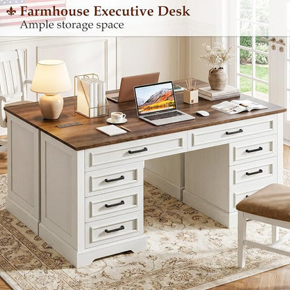 58" Executive Desk with 7 Drawers, Large Computer Desk with Charging Station , Wood Home Office Desk with File Drawer for Letter/A4 Size Hanging Files for Home Office, Rustic White and Rustic Brown