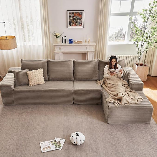 135" Cloud Sectional Couch with L-Shape Chaise, Modern Modular Comfy Sofa Chaise Longue, Upholstered Corduroy Couches Sleeper with Deep Seat for Living Room Bedroom, No Assembly Required, Camel