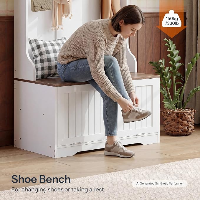 HOOBRO Hall Tree with Bench, 15.7''W Entryway Bench with Coat Rack, Shoe Cabinet with Flip Drawer, LED Hall Tree with 9 Hooks and 2 Open Compartments, Wooden, for Hallway, White and Walnut WH86DMT01