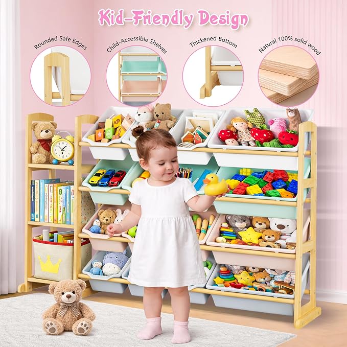 Kids Toy Storage Organizer with Bookshelf – Wooden Shelf with 16 Bins & 3 Shelves, Quick Assembly Storage Rack for Playroom, Bedroom, Nursery– Colorful