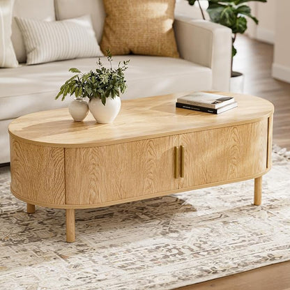 ZttRiee Oval Coffee Table with Sliding Doors, Modern, Natural | 47.24"L x 21.65"W x 16.14"H, 200 lbs capacity, 2 front & back storage areas, ~60 min assembly
