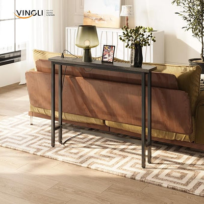 VINGLI 39" Console Table with Charging Station, 5.9" Narrow Sofa Table Behind Couch, Entryway Table with Power Outlet & 4.9 Ft Extension Cord & Adjustable Feet, for Living Room, Hallway, Black