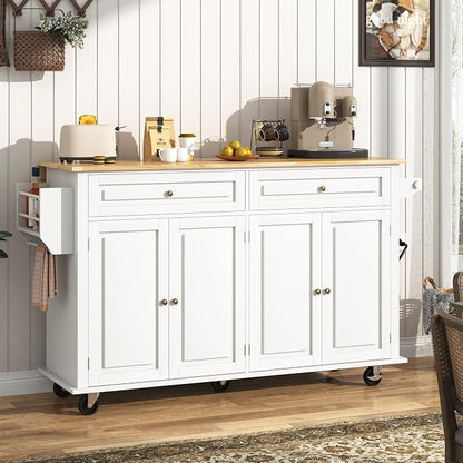 Hlivelood 63" Movable Kitchen Island with Drop Leaf and Power Outlet, Rolling Island Cart w/Storage Cabinet, Island Table on Wheels for Kitchen w/2 Drawers, Spice Rack, Towel Bar, Garage Hook, White
