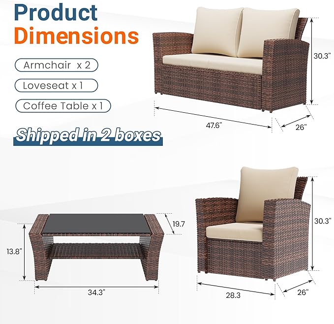 Wisteria Lane Patio Furniture Set, Wicker Outside Outdoor Furniture for All Weather, Patio Sofa with High Backrest Support and Wide Armrest for Backyard, Balcony, Deck, Porch, Brown