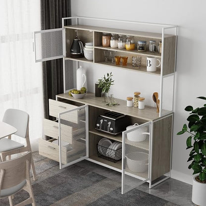 AIEGLE Large Kitchen Hutch Storage Cabinet, Pantry Cabinets with Hutch, Metal Frame Cupboard with Mesh Door, Drawer & Microwave Shelf, Freestanding Kitchen Storage, Beige (59" W x 15.7" D x 68.5" H)