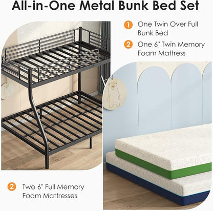 Bunk Beds Twin Over Full Size with 6'' Mattresses, Heavy Duty Metal Bunk Bed Frame with Angled Ladder for Teens and Adults, Space Saving for Apartment, Dorm or Small Room, Easy Assembly