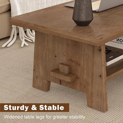 Farmhouse Wood Coffee Table - 43.4" Rectangle Coffee Table Solid Wood Tabletop, Center Tables with Storage Shelf for Living Room, Natural