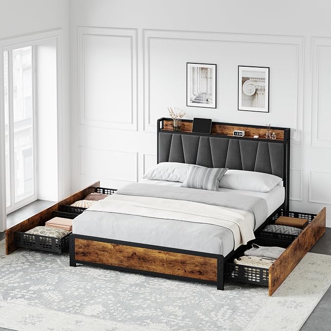GarveeHome Queen Size Bed Frame with Storage Linen Upholstered Headboard, 4 Drawers Platform Bed Frame with Charging Station, No Box Spring Needed, Easy Assembly, Rustic Brown