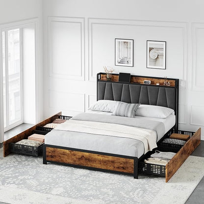 GarveeHome Queen Size Bed Frame with Storage Linen Upholstered Headboard, 4 Drawers Platform Bed Frame with Charging Station, No Box Spring Needed, Easy Assembly, Rustic Brown