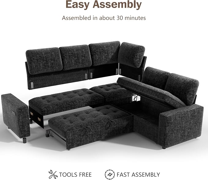 Sunny Heart Modular Sectional Sleeper Sofa with Pull Out Bed, Chenille L Shaped Sectional Sofa with USB Ports/Adjustable Backrest/Storage Seats, Tool-Free Assembly, Couches for Living Room Black