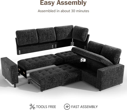 Sunny Heart Modular Sectional Sleeper Sofa with Pull Out Bed, Chenille L Shaped Sectional Sofa with USB Ports/Adjustable Backrest/Storage Seats, Tool-Free Assembly, Couches for Living Room Black