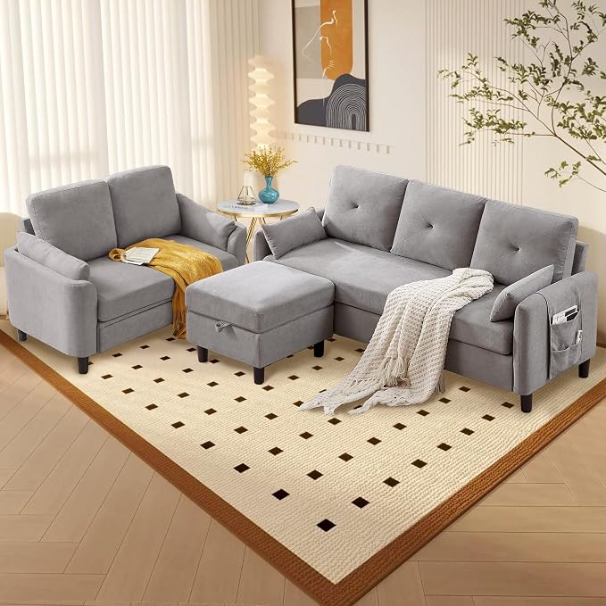 Convertible Sectional Sofa Set, 77" Small L Shaped 3 Seat Couch with Ottoman and 57" Loveseat, Modern Sofa Couches for Living Room, Light Grey