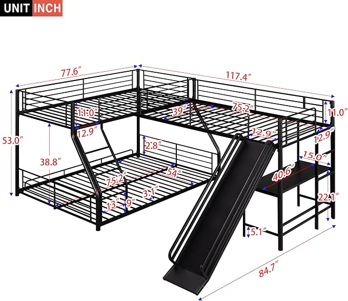 Flieks L-Shaped Twin Over Full Bunk Bed with Twin Size Loft Bed,Built-in Desk and Slide,Black