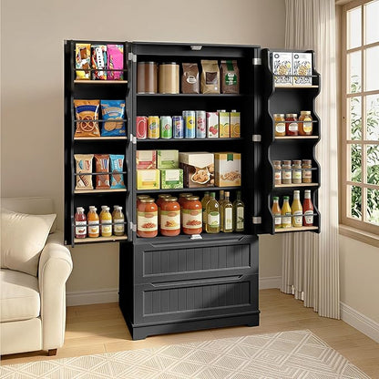 Gizoon 72" Tall Kitchen Pantry Cabinet with Drawers for Dining Room, Food Pantry Storage Cabinet with 8 Doors Shelves for Snack and Spice, Large Craft Storage Cabinet for Craft Room, Black, Painted