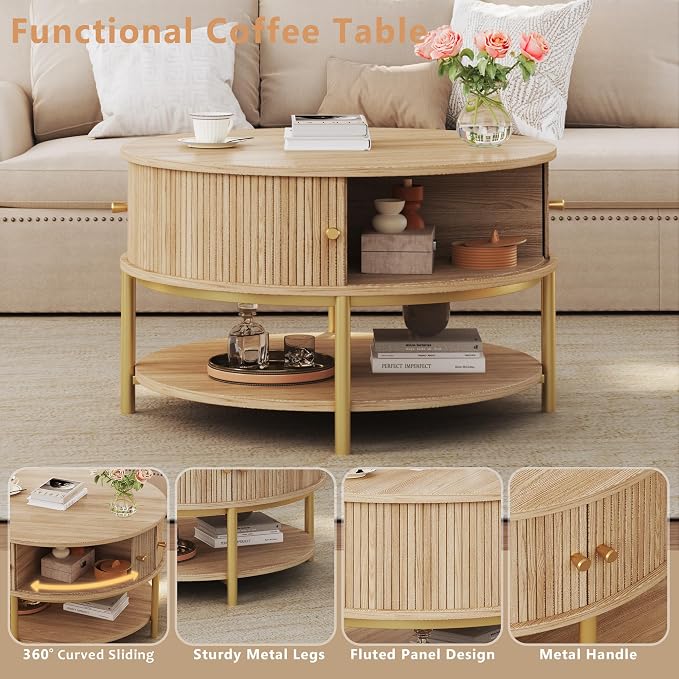 23.6" Round Coffee Table with Storage, 3-Tier Small Round Coffee Table with Sliding Cabinet Door & Round Metal Legs, Mid Century Modern Coffee Tables for Living Room, Oak
